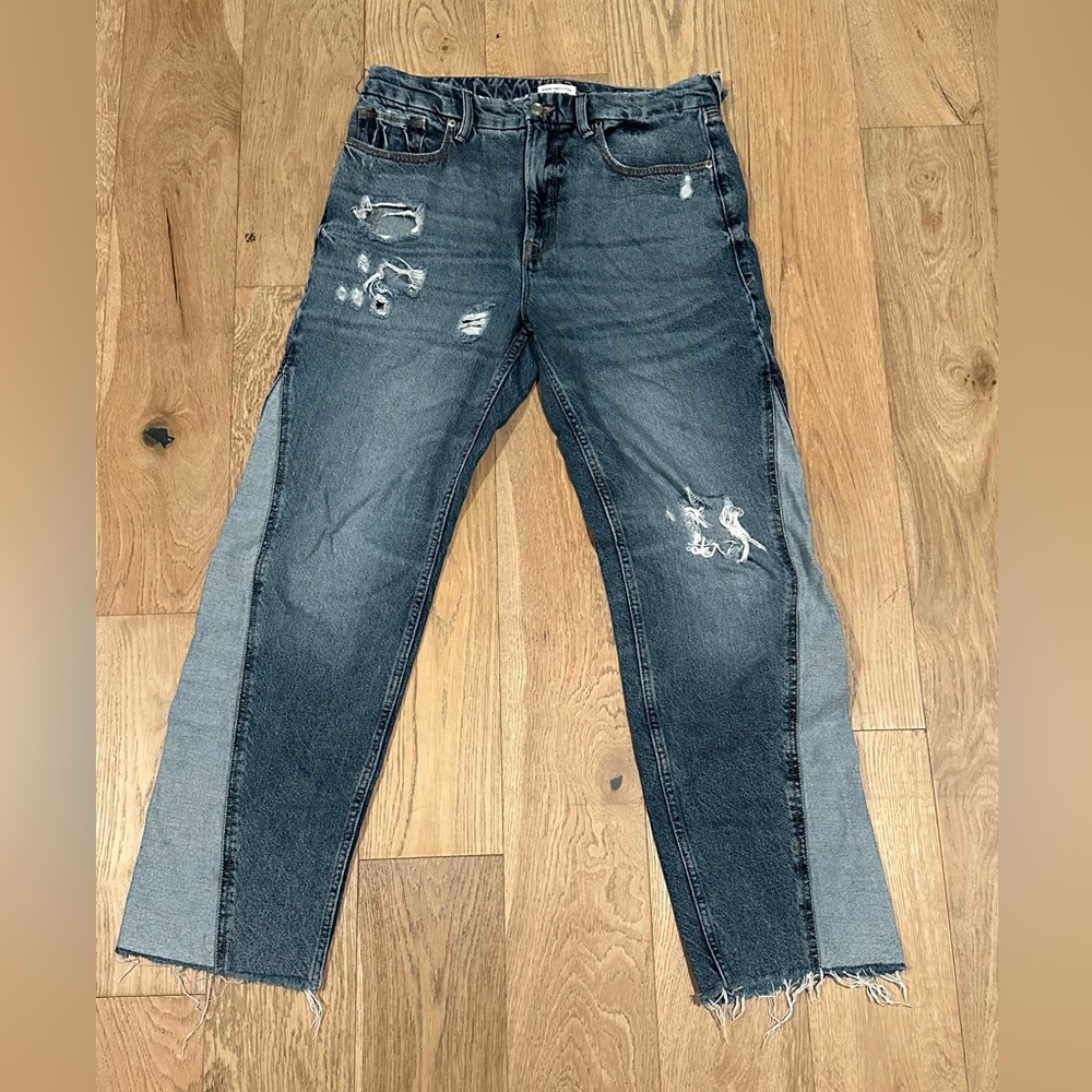 Good American Two-Tone Distressed Boyfriend Jeans - Dark & Light Blue
